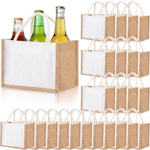 Cunno 24 Pcs Burlap Tote Bag Mini Jute Reusable Waterproof Bag with Handles Small Blank Canvas for Wedding Beach DIY Gift (Elegant, 9.06 x 6.3 x 5.12)