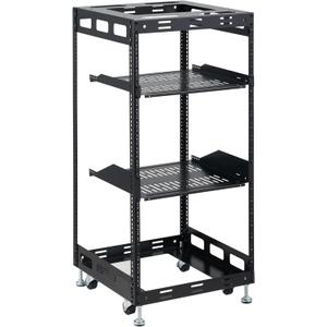 20U Open Frame Rack for Servers & AV Gear - Wall Mountable Design Includes 2X Vented Shelves, 4X Leveling Feet, 4X Casters