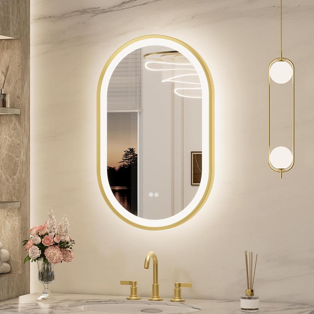 Keonjinn Oval LED Bathroom Mirror 20x32 Inch, Gold Beveled Metal Frame, Frontlit & Backlit Bathroom Mirror with 3 Color Tempurature, Dimmable Lighted Mirrors for Wall with Anti-Fog, HD Tempered Glass