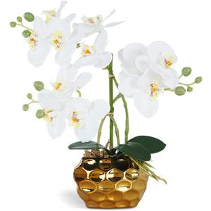 Ziwon Artificial Orchid Flowers & Plants Potted in Ceramic Pot, White Faux Phalaenopsis Orchids for Table Centerpiece, Realistic Fake Flower Arrangement for Home Office Decor Indoor (White & Gold 01)