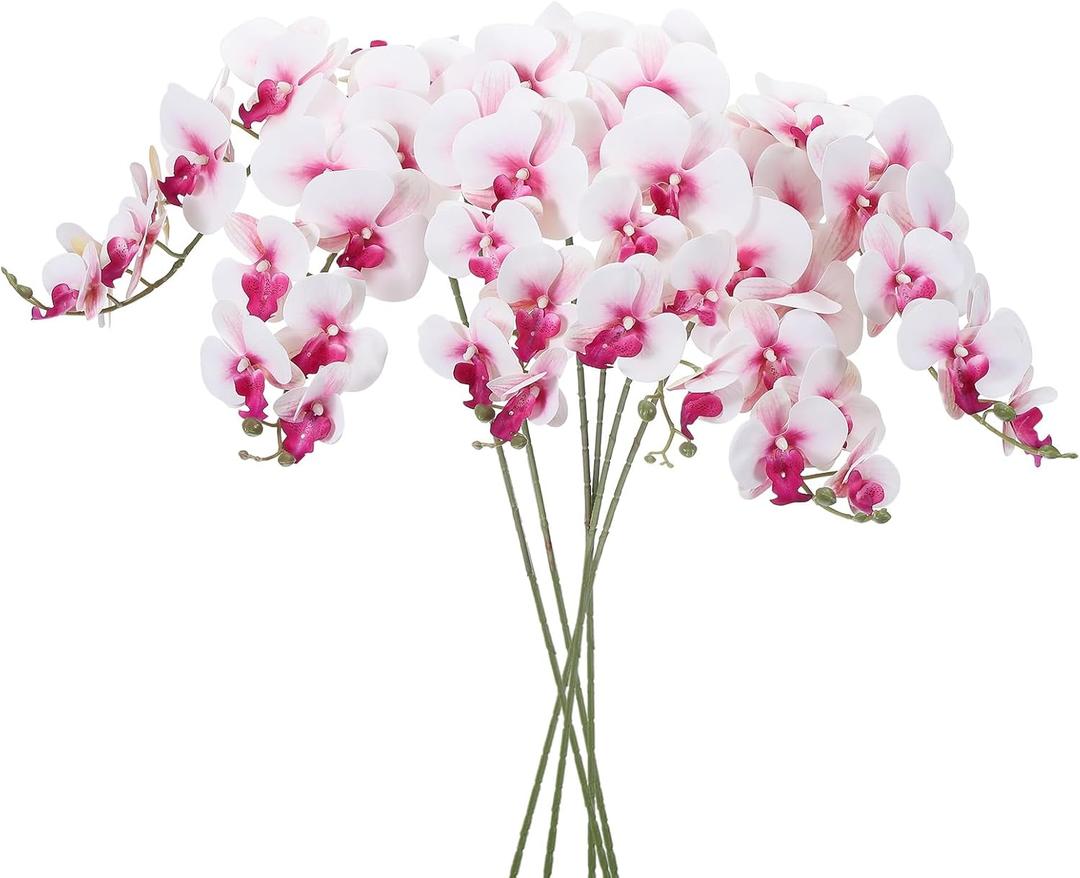 PATIKIL Artificial Orchid Stems 41", 6 Pack 9 Heads Faux Phalaenopsis Flowers Real Touch Fake Orchid Flower Branch for Vase Home Wedding Decoration, White Purple