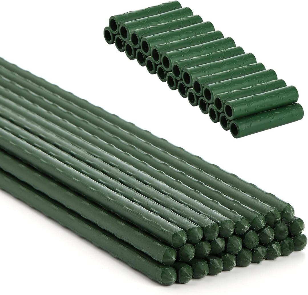 Frcctre 50 Pack 16 Inches Garden Stakes with 25 Connectors, Connectable Plant Support Stakes Plastic Coated Metal Tomato Sticks Plant Climbing Support for Tomatoes, Cucumber, Beans, Potted Plants