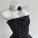 WDIRARA Women's Polka Dots Smocked Ruffle Tube Top Tie Front Strapless Bandeau Peplum Tops (Black, L)