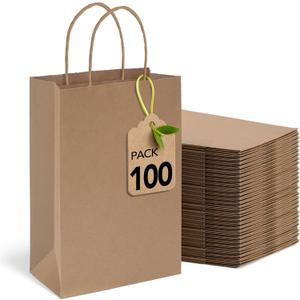MESHA Brown Paper Bags 5.25x3.75x8 Inch Kraft Small Gift Bags with Handles Bulk,100 Pack for Small Business, Birthday Wedding Party Favor