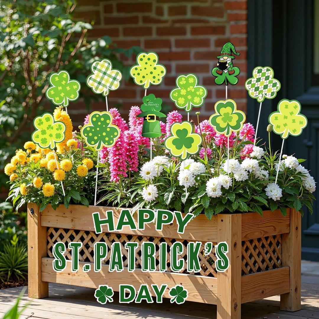 12 Pcs St. Patrick's Day Planter Stakes Shamrock Green Gnomes Decorative Garden Stakes Table Centerpieces Decorations for St. Patrick's Day Irish Party Supplies