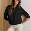 Womens Wool Pea Coat Button Up Open Front Trench Outerwear Long Sleeve Cropped Cardigan Jacket with Pockets (Black, XL)