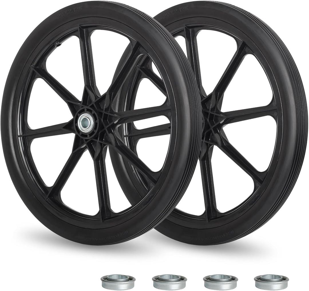 20" Flat Free Tire and Wheel, with 3/4" & 5/8" Bearing, 2.45" Centered Hub, Replacement Wheel For Rubbermaid Wheelbarrow, Garden Yard Cart, 2 Pcs