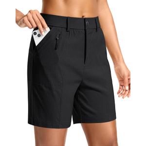 SANTINY Women's 7" Hiking Golf Shorts Quick Dry Stretch Casual Work Shorts with Pockets for Women Walking Travel Summer (X-Large, Black)