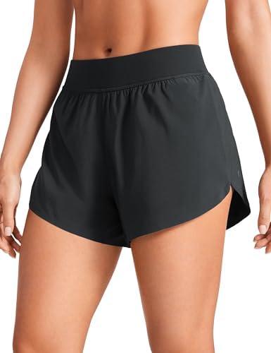 CRZ YOGA Mid Waisted Split Running Shorts for Women 4" - Comfy Mesh Liner for Workout Athletic Gym Track Quick Dry, Small Black