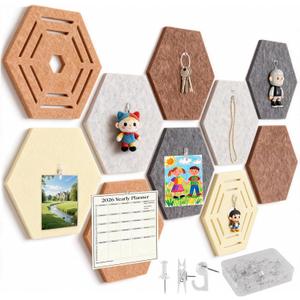10 Pcs Hexagon Bulletin Board,11.8x10.23x0.47inch Self-Adhesive Felt Bulletin Board Tiles Pinboard Boho Home Office Wall Decor Pin Display Boards for Vision Photo Memo (40 Push Pins,10 Clips,10 Hooks)