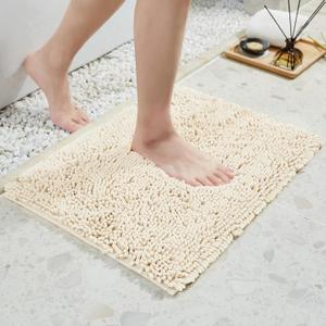 TECHMILLY Soft Fluffy Chenille Bathroom Rugs, Non Slip Absorbent Bath Mats for Bathroom, Washable and Quick Dry, Cream, 17" x 24"