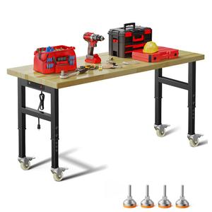 60" Adjustable Work Bench,Hardwood Top Garage Work Bench Table,Heavy Duty 2000 LBS Load Worktable,Rolling Mobile Workbench with Power Strip for Workshop Office Home