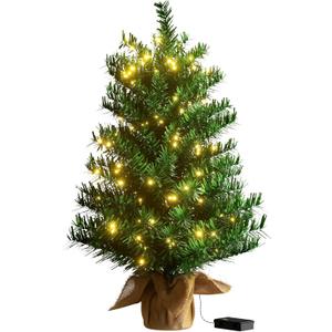 Pre-lit Artificial Mini Christmas Tree, 2ft Tipped Pine Artificial Christmas Tree, Includes 50 Led Warm Lights, Seasonal Indoor Home Decor with Decorative Burlap Base (Green)
