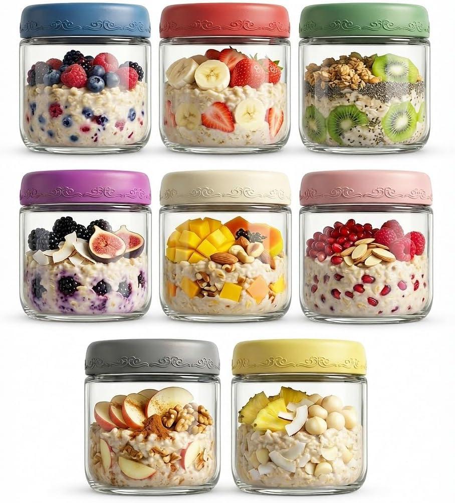 10oz 8Pack Glass Overnight Oats Jars Containers with Airtight Leakproof Lids, Reusable Mason Jars for Meal Prep, Yogurt Parfaits, Smoothies, Salads & Healthy Breakfasts(10oz-8Pack)