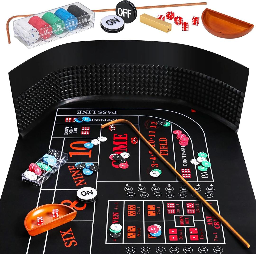 Craps Tabletop Game Set with 35 * 70" Rubber Craps Tabletop Mat, 48 * 11" Rubber Craps Diamond Pyramid Bumper, 36" Rattan Stick, Casino Grade 19mm Dice, On/Off Button & 100 pcs Chips (Black)