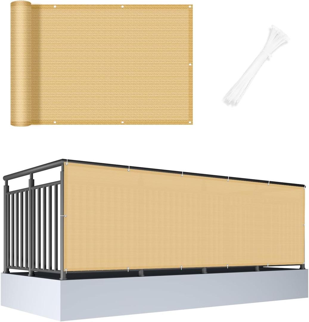 Cool Area 3'x10' Sand Balcony Privacy Screen Fence Cover HDPE Mesh Fabric with Grommets UV Protection Weather-Resistant Wind Screen for Outdoor, Backyard, Deck, Porch, Patio, Apartment Railing