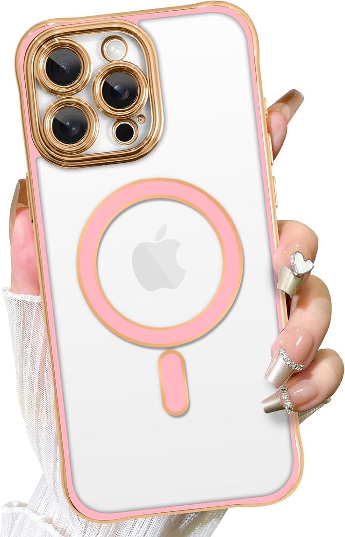 Fiyart Designed for iPhone 16 Pro Max Case,Compatible with MagSafe Plating Removable Lens Cover Clear Magnetic Shockproof Phone Bumper for Women Girls 6.9"-Pink