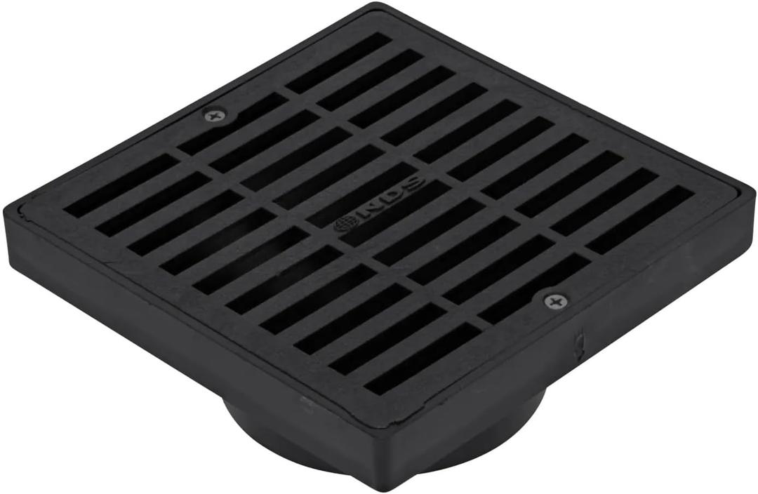 NDS 640 6-Inch Square Grate with Low-Profile Adapter Drain, Connects to 3-Inch and 4-Inch Drain Pipes and Fittings, for Small Lawns, Landscaping and Patios, Plastic, Black
