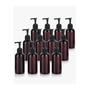 JUVITUS Amber 4 oz / 120 ml Boston Round PET Plastic Empty Bottles (BPA Free) with (11 pack, Black Lotion Pump)