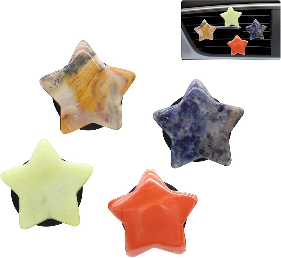 ORIESSE Boho Car Decor,4pcs Stars Car Air Freshener Vent Clips,Natural Stone Crystals Air Vent Clips,Hippie Decorations Accessories for Women,Best Wishes for Lover Friends