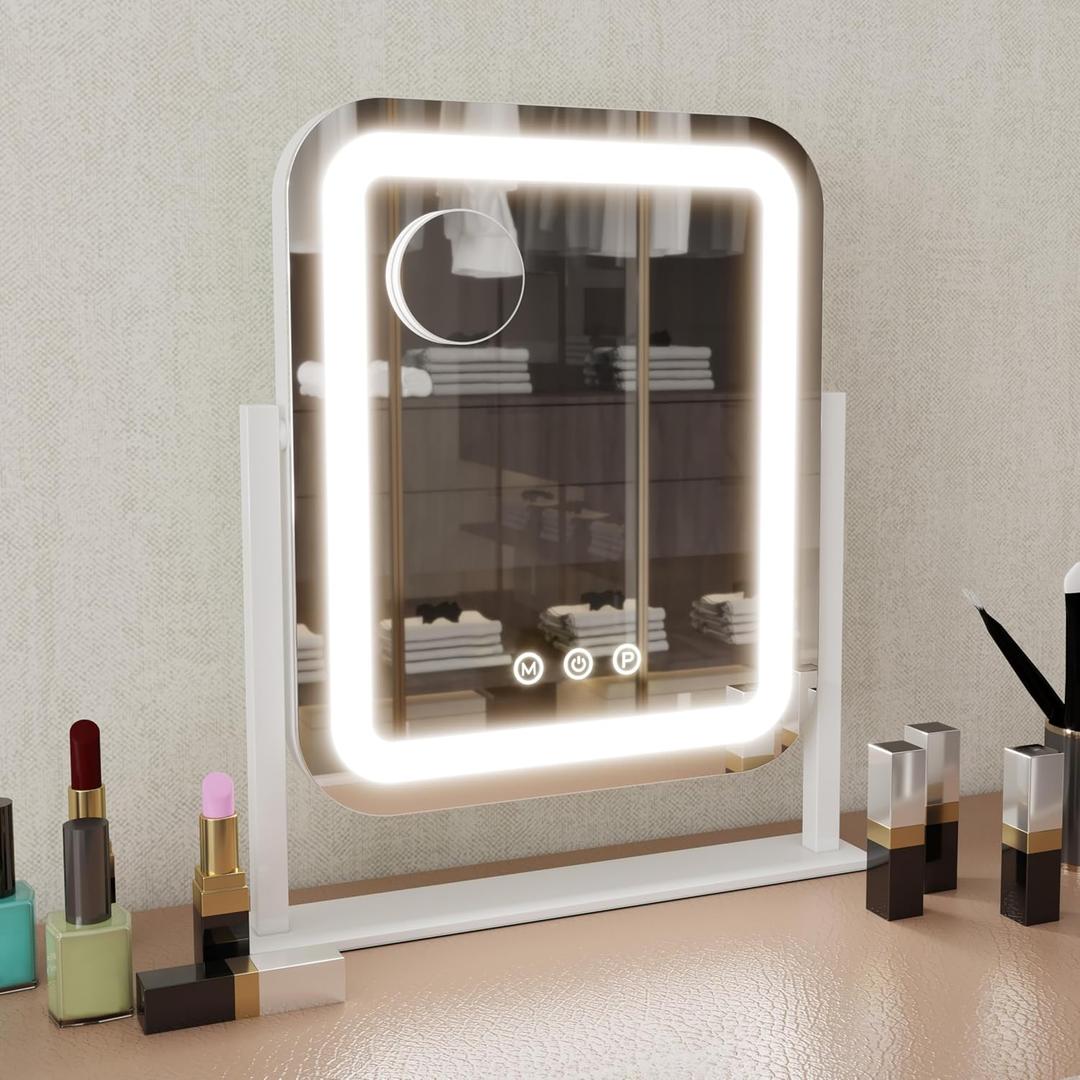 14x18.7in Lighted Vanity Mirror with 10X Magnifier, Touch | 3-Color LED 3000-6000k, Dimmable, Touch Memory, 360 Rotation, Metal Base