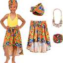 4 Pcs Girl African Clothes Dashiki Ankara Traditional Costume Dress Toddler Attire Maxi Skirt Head Wrap Necklace Bracelets