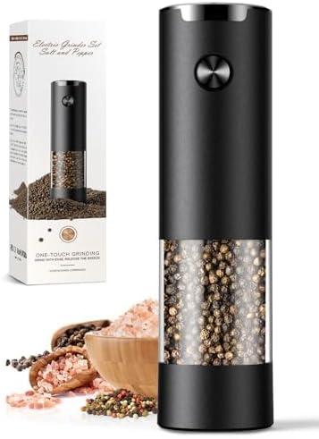 Electric Salt and Pepper Grinder Set Automatic Battery Pepper Mill Shakers Adjustable Coarseness Easy Filling Upgraded Larger Capacity with Led (1 Pack Black
