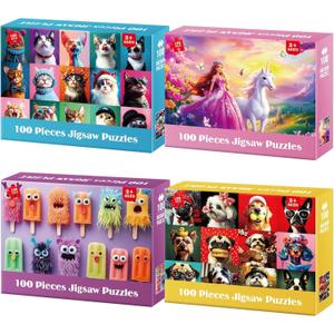 4-Pack 100 Piece Puzzles for Kids Ages 4-6 6-8 8-10 - Popsicles Unicorn Princess Cats Dogs Puzzle for Girls 4-6 Years Old 100 Piece Jigsaw Puzzle for Adults Toddler Children Learning Educational Toys