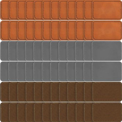 Dunzy 60 Pcs Blank Leatherette Hat Patches with Adhesive Rustic Leatherette Rectangle Patch Faux Leather Patches for Hats Custom Fabric Repair Sew Laser Supplies (Khaki, Gray, Golden Brown,3 x 2 Inch)
