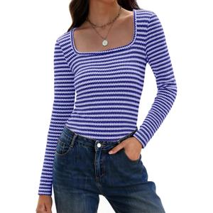 IWD Womens Striped Long Sleeve Shirts Slim Fit Square Neck Tops 2026 Spring Lightweight Knit Pullover Sweater (M)