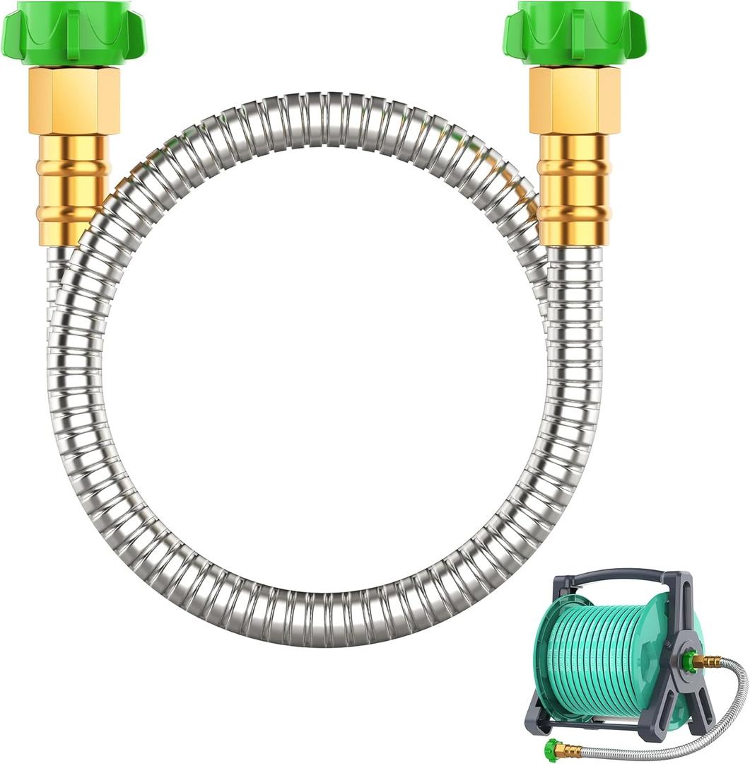 Short Metal Garden Hose 3 ft with Female to Female Connector， Stainless Steel Small Leader Hose for Hose Reel, Long, Flexible, Lightweight & Heavy Duty Water Pipe, Outdoor Water Hose Extension Adapter