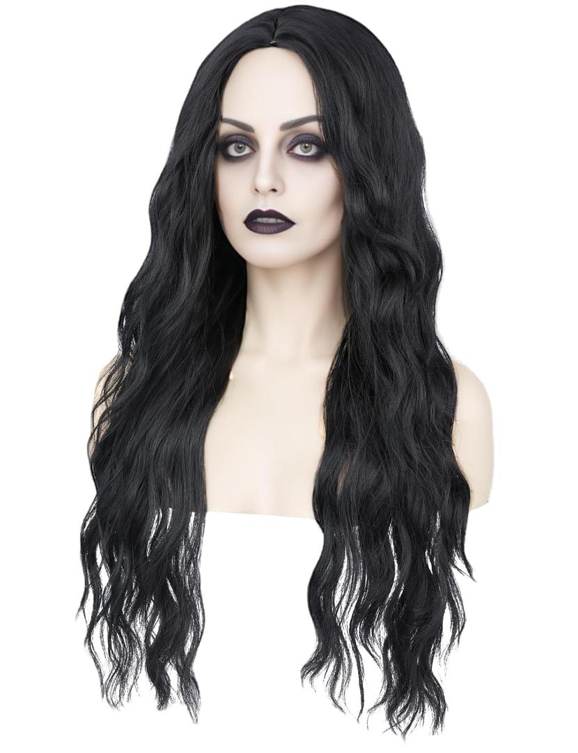 morvally Long Wavy Black Middle Part Heat Resistant Synthetic Hair Wigs for Women Halloween Party, Cosplay, Daily Use