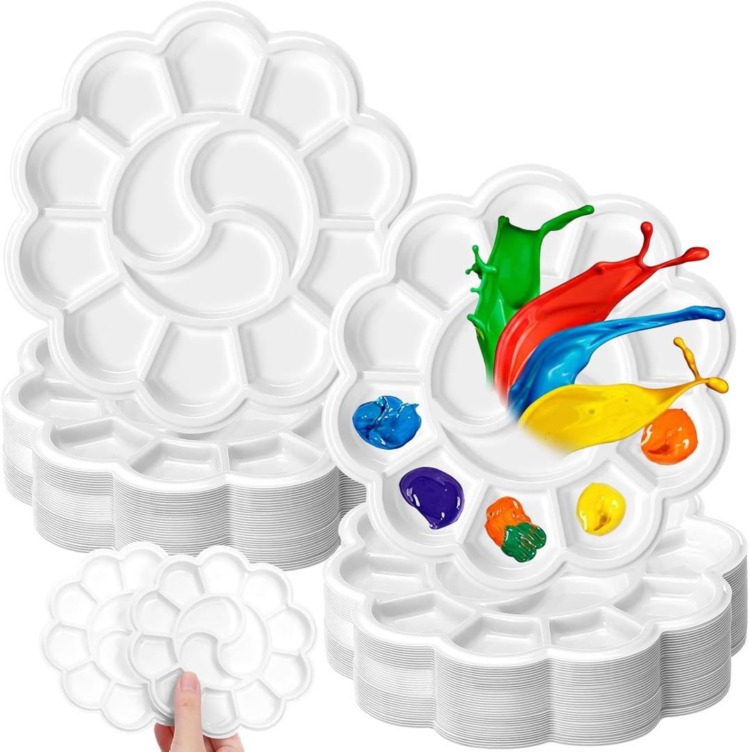 AmazingSpark 100 Pcs White Flower Shape Paint Tray Palettes 5.5 inch Disposable Round Plastic Paint Palette Bulk Watercolor Craft Supplies for Art Class, DIY Craft, Painting Party, Birthday Party