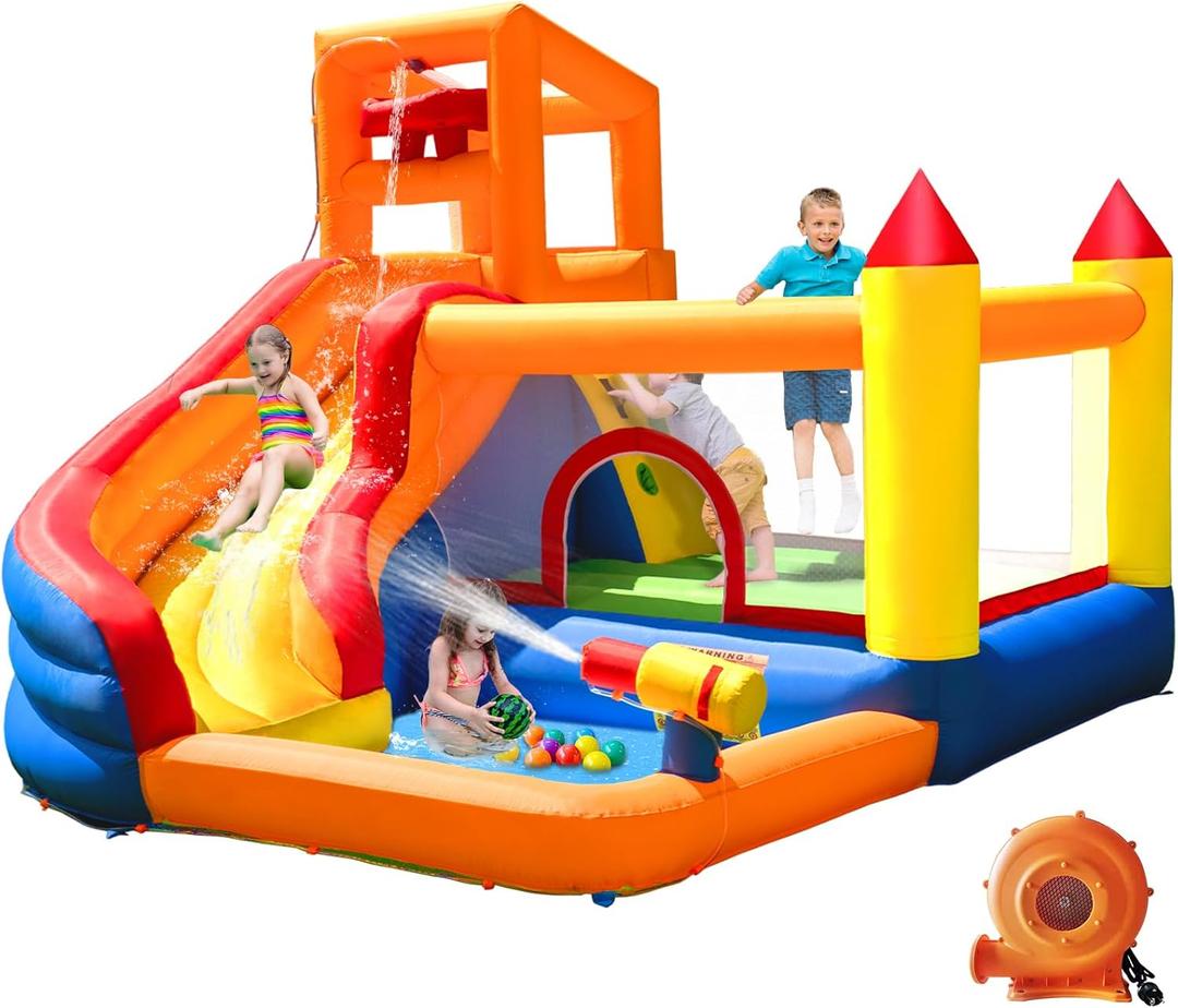 HuaKastro Inflatable Water Slide Bounce House for Kids with Pool, 5-in-1 Indoor/Outdoor Blow Up Play Center for Climbing, Sliding, Jumping & Splashing Fun, Blower Included
