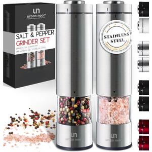 Electric Salt and Pepper Grinder Set - Battery Operated Stainless Steel Mill with Light (2 Mills) - Automatic One Handed Operation - Electronic Adjustable Shakers - Ceramic Grinders