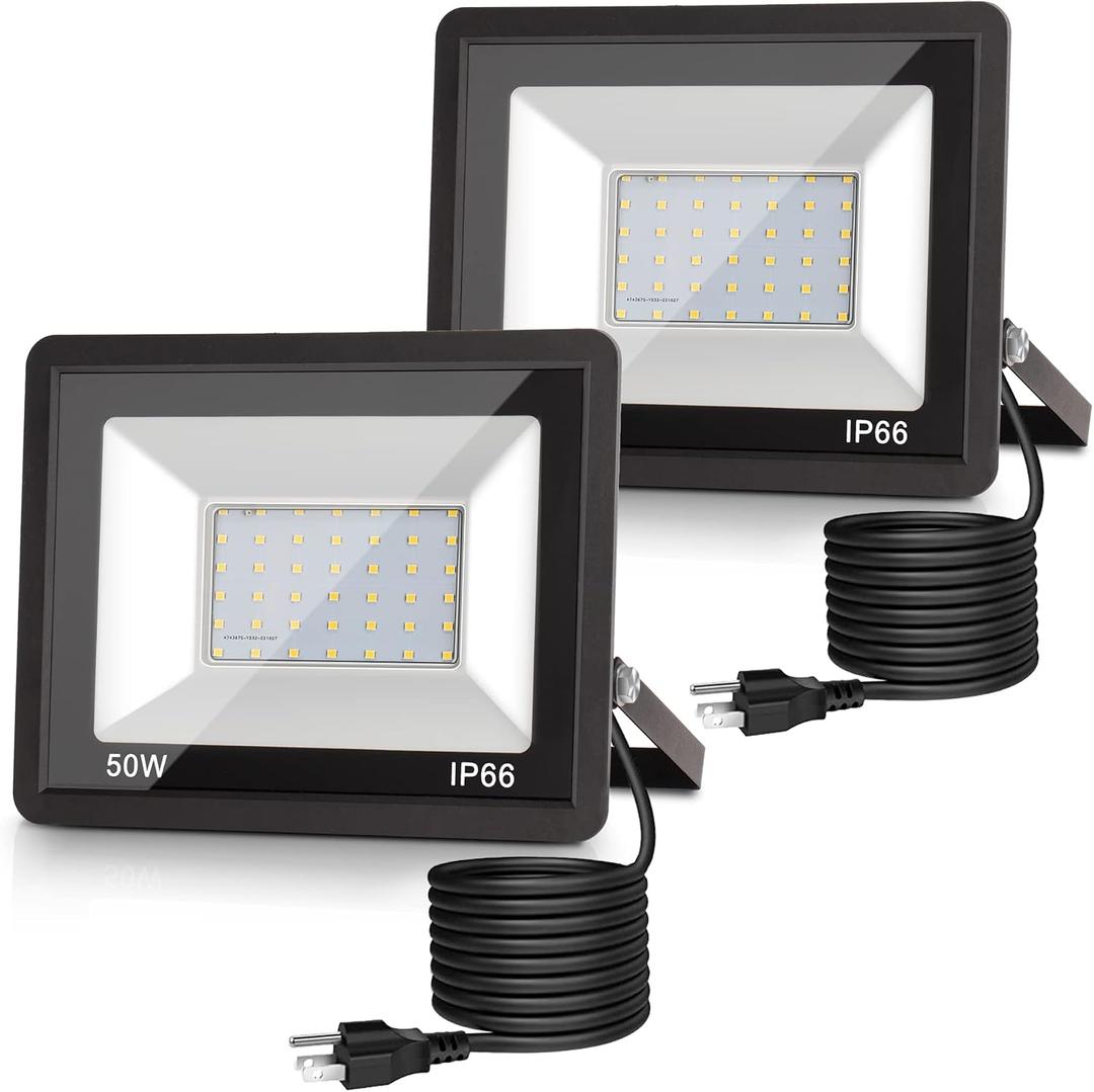 L LOHAS LED Dusk to Dawn Floodlight Outdoor, 50W Auto On/Off 6000K Daylight Plug in Flood Lights, IP66 Waterproof Work Light, 2300LM Security Lights for Yard, Garage, UL Listed, 2Pack