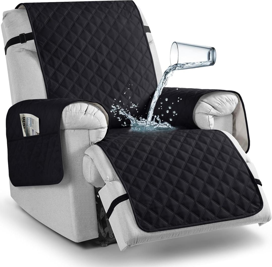 TAOCOCO 100% Waterproof Recliner Chair Covers, Reversible Recliner Covers with Leg Straps, Washable Recliner Sofa Covers for Larger Recliner Furniture Dog Protector with Pocket (Black, 28'')