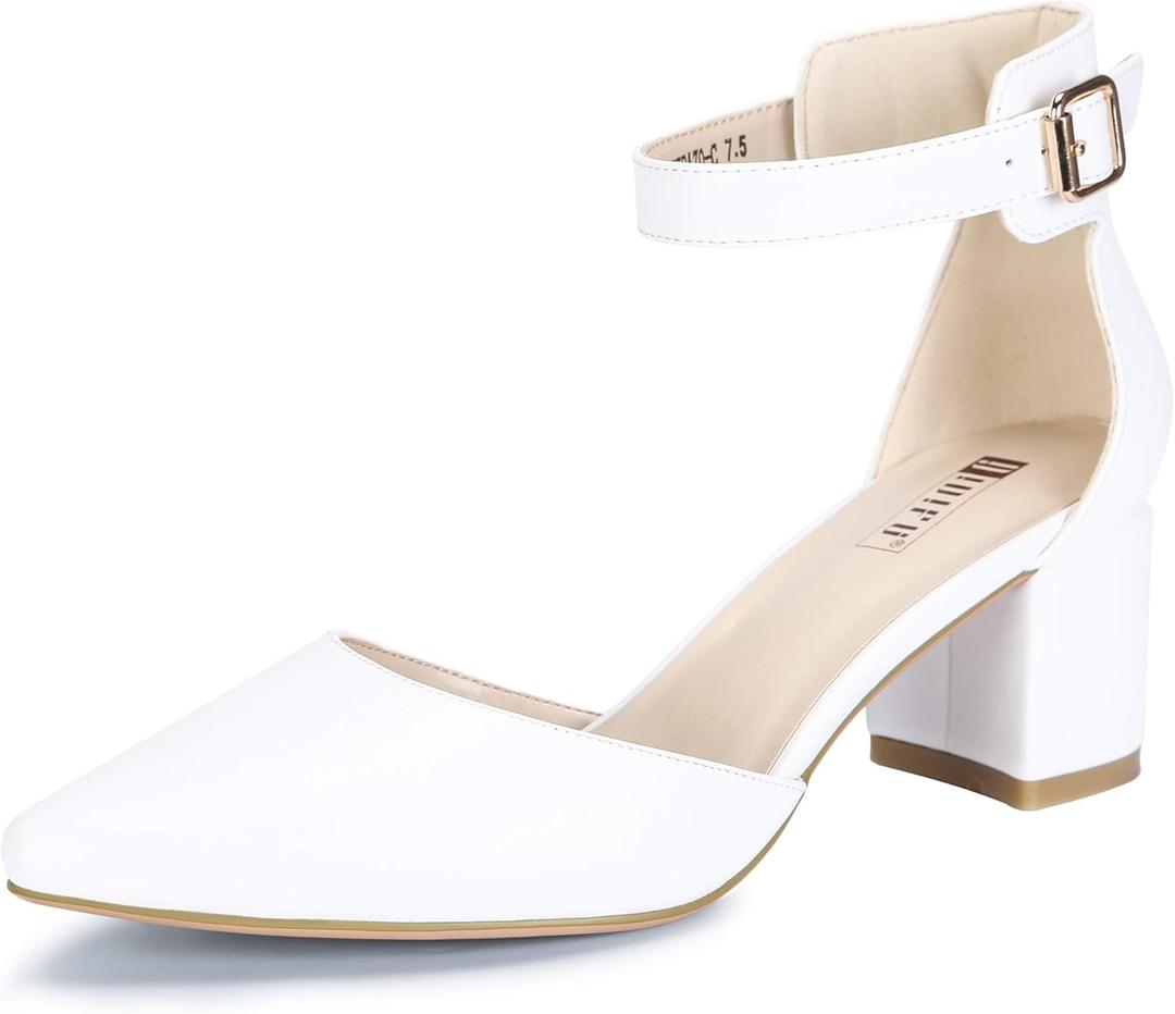 IDIFU Women's IN2 Pedazo Dress Shoes Low Block Heels Comfortable Chunky Closed Toe Ankle Strap Wedding Pumps (5, White Pu)