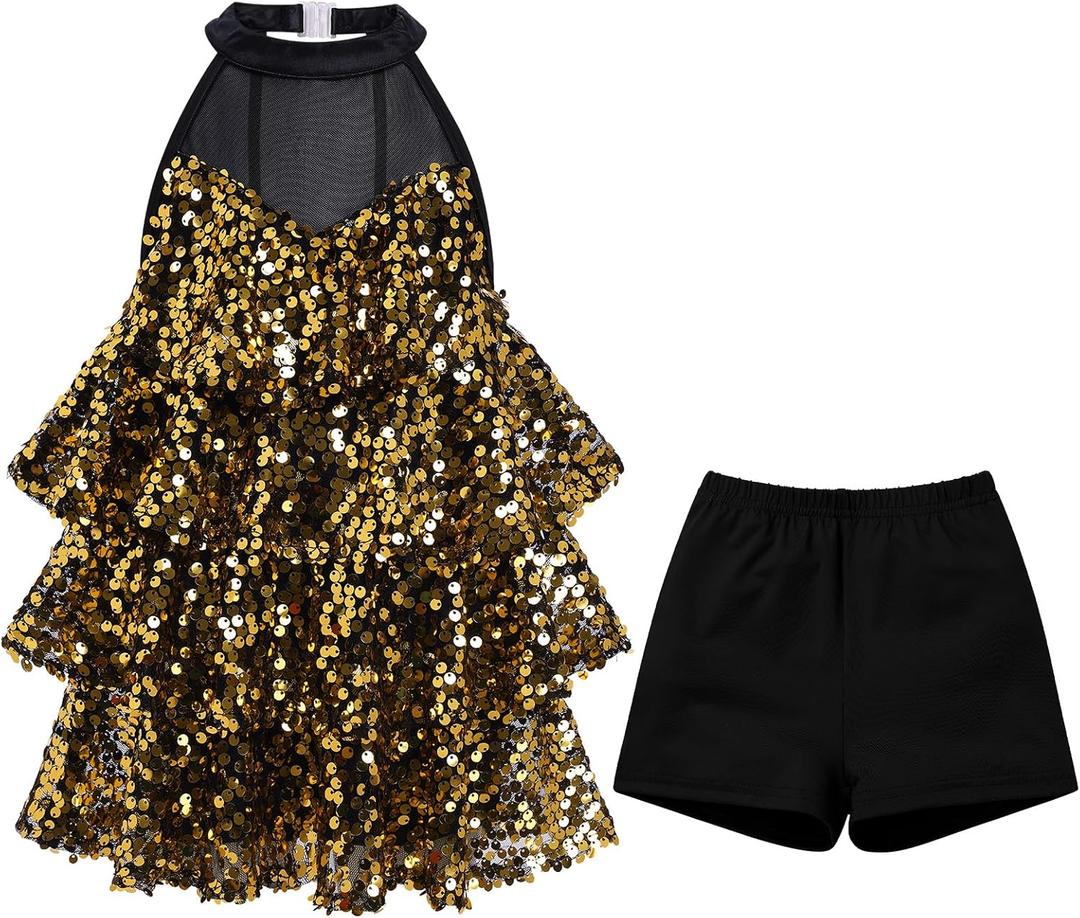 ODASDO Girls Sparkle Sequins Dance Outfit Latin Hip Hop Jazz Dancewear Halter Neck Sleeveless Top Dress with Shorts Set (M)