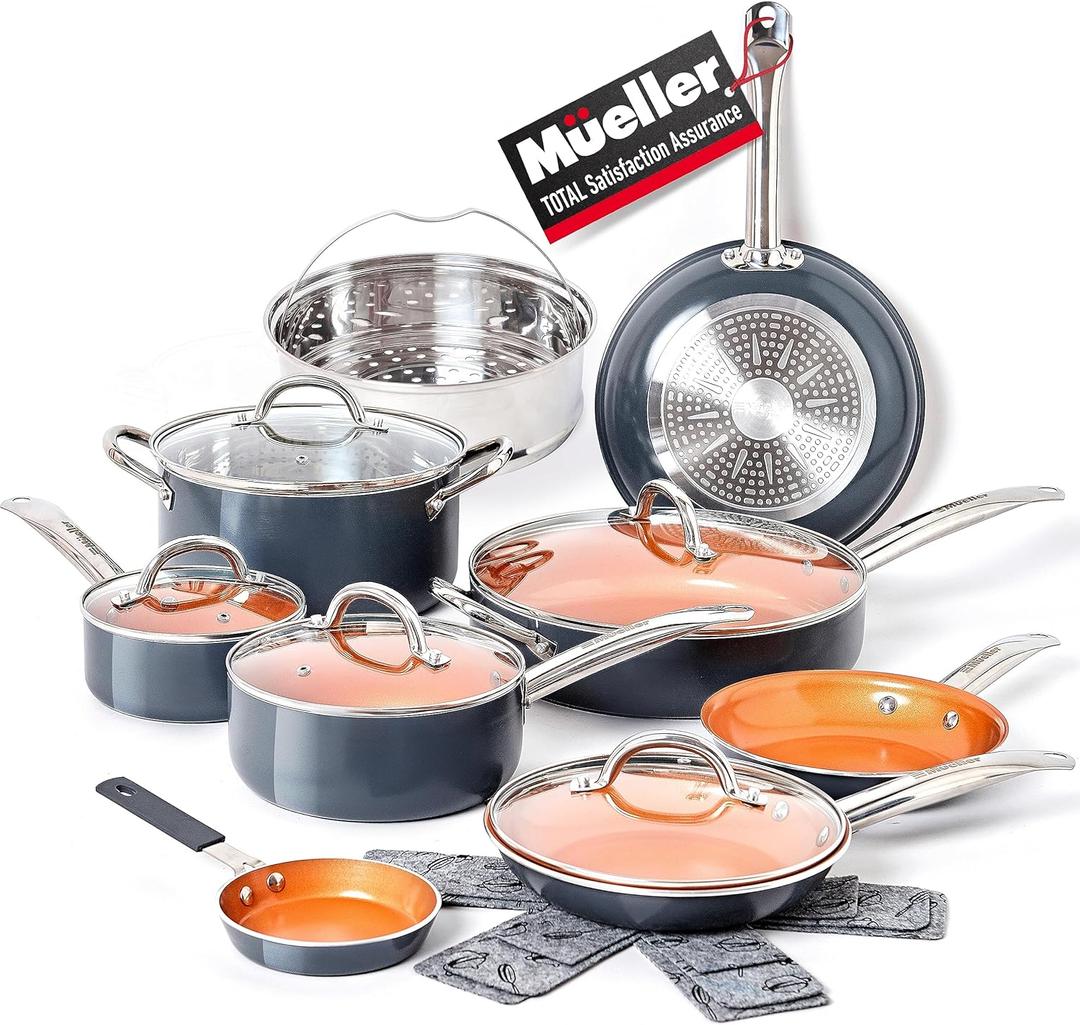 Mueller UltraClad Copper Pots and Pans Set, 14-Piece Kitchen Cookware Set, Non-Stick Coating, Aluminum Body, Includes Fry Pans, Deep Frying Pan, Sauce Pans, Dutch Oven and More