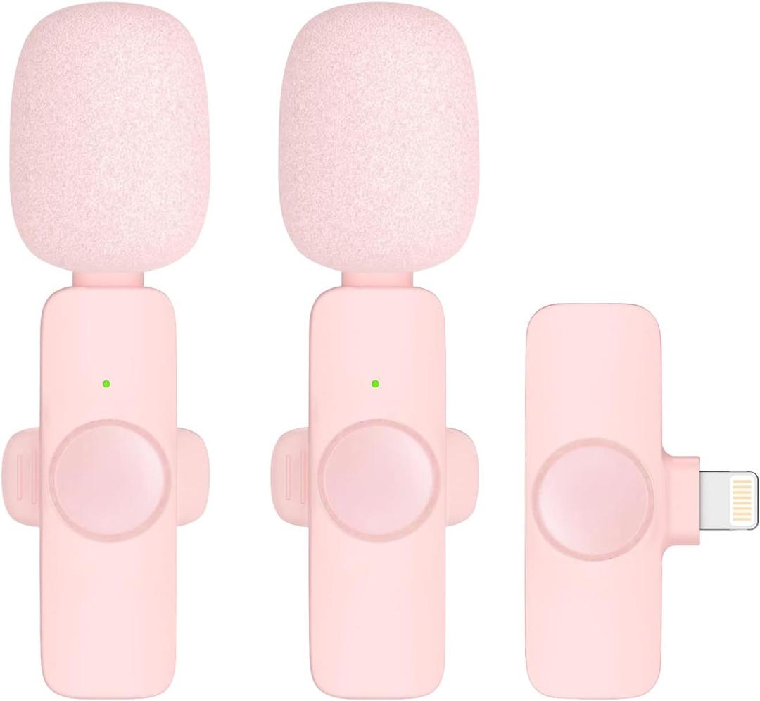 2 Pack Professional Wireless Lavalier Microphone for iPhone iPad (iPhone 14 and Below), Lapel Mics Plug-Play Clip on Lapel Mic for YouTube, Recording, Vlog, Facebook Live (Pink)