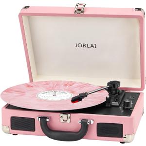 Vinyl Record Player 3 Speed Turntable with Bluetooth, Built in Battery, Portable Suitcase, Built in Speakers, 3.5mm Headphone Jack Aux in/RCA Out Pink for Home Decoration Gift