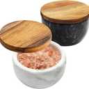 Marble Salt and Pepper Bowls – Salt Box/Cellar Set with Solid Natural Wood Lids, Large Capacity, Includes Spoon – Gift Packed Salt Holder and Bowl with Lid
