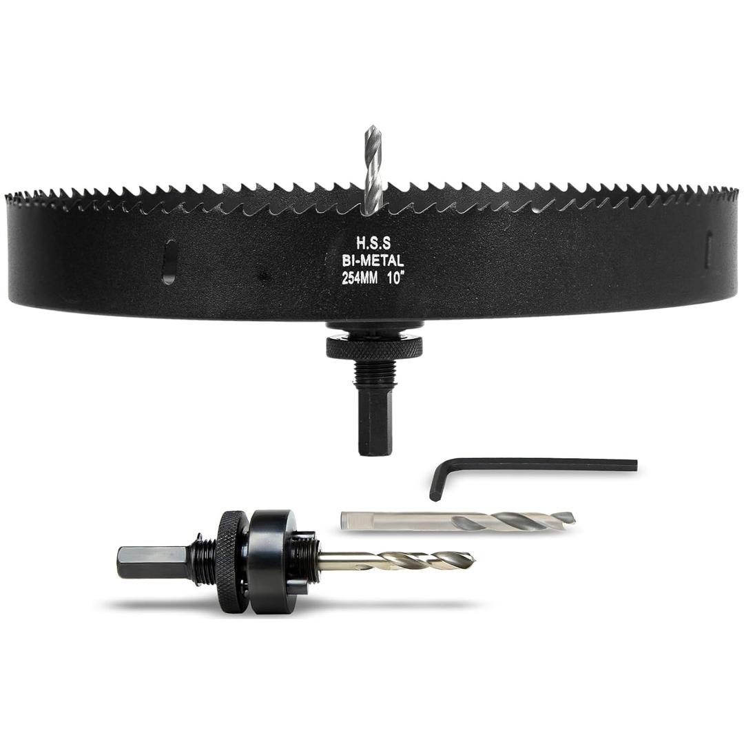 10 Inch Hole Saw with Arbor for Wood Metal Plastic, 10 in Bimetal Hole Cutter, Fast Chip Removal, Smooth Flat Drilling Edge, Lightweight & Portable (Black)