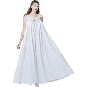 Victorian Nightgown for Women Vintage Nightie 100% Cotton Sleeveless Sleepwear Long Dress (White)