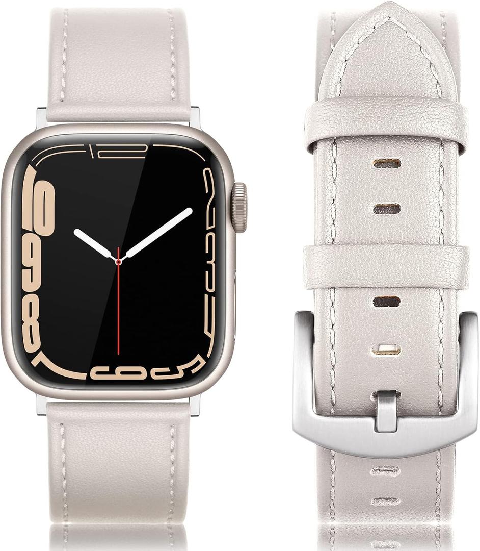 Leather Bands Compatible with Apple Watch 46mm 45mm 44mm 42mm(Series 1 2 3) Band Men Women, Vintage Genuine Leather Wristband Replacement Band Compatible for Apple Watch iwatch Series 10 9 8 7 6 5 4 SE2 SE (Ivory White/Silver)