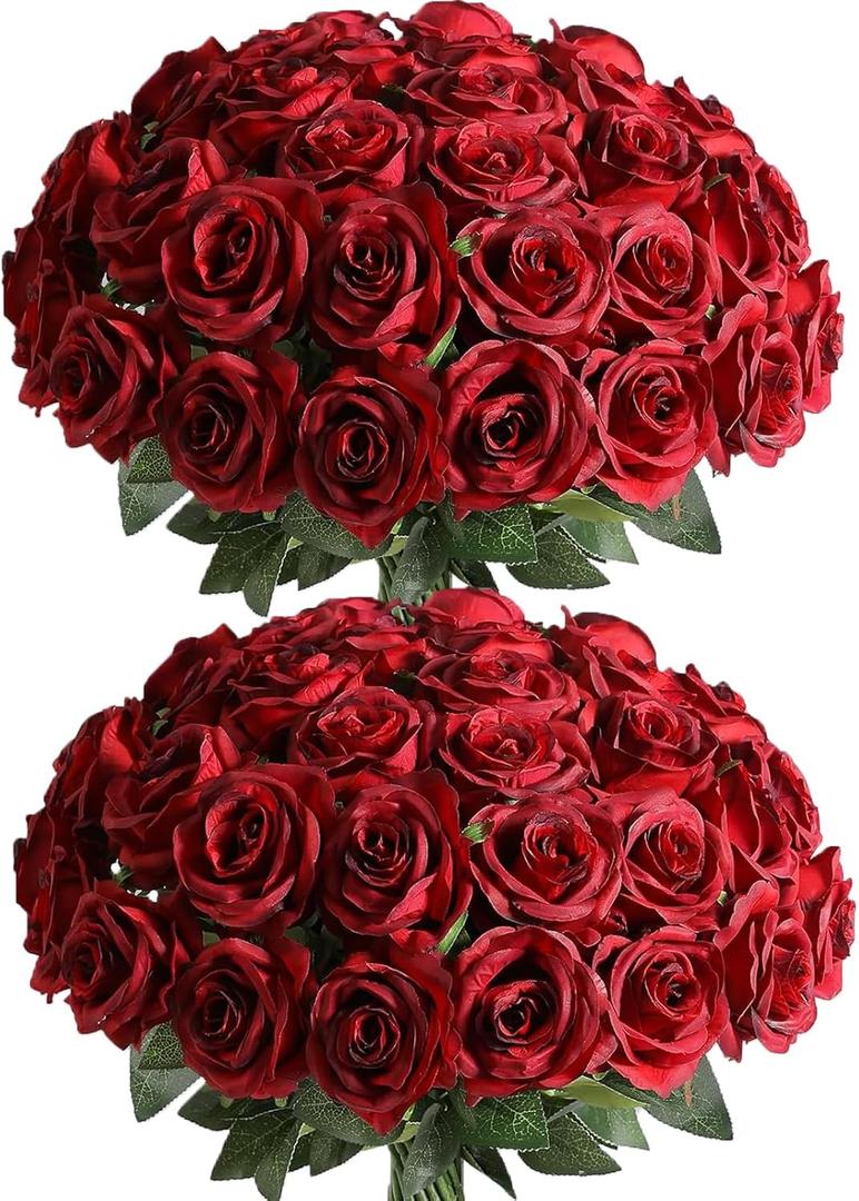 Veryhome 36Pcs Artificial Roses Realistic Fake Flowers Bulk Long Stem Silk Faux Roses Bouquet for Wedding DIY Home Decor Bridal Table Centerpieces Party Arrangements Gifts(Gradient Burgundy)