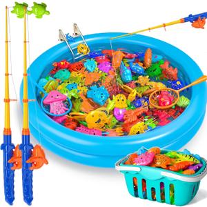Doloowee Magnetic Fishing Game Bath Pool Toys for Toddlers 3-5,48pcs Fishing Toys Game Floating Fish Magnet Pole Rod Net Education Teaching and Learning for Kids Age 3-6 4-8, Medium, Small