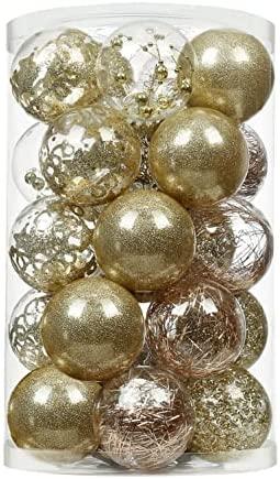 SY CRAFT 70mm/2.75” Christmas Ball Ornaments Shatterproof Clear Plastic Christmas Decoration Xms Balls Baubles Set with Stuffed Delicate Decorations(Champagne，25 Counts)