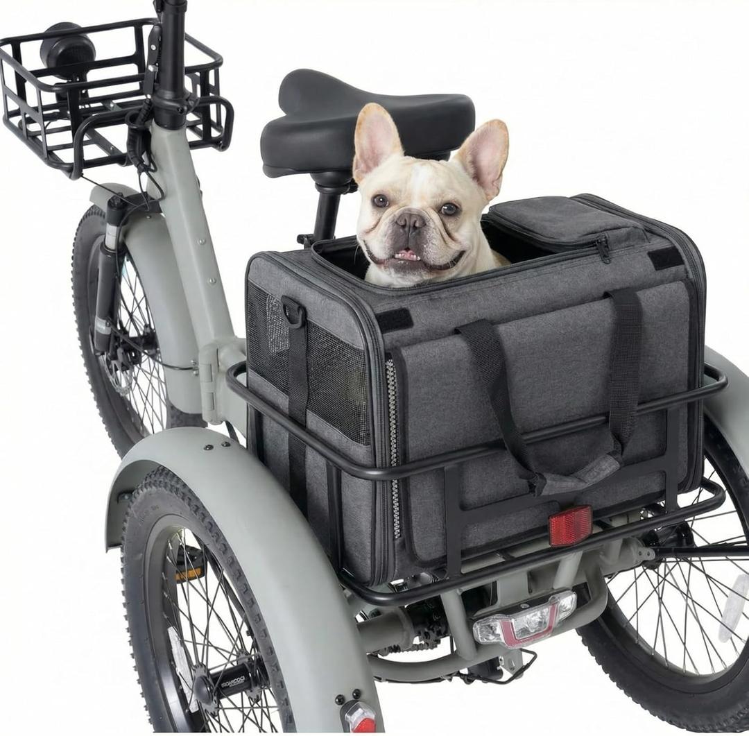 Bike Pet Bag for Tricycle, Foldable Rear Basket Bag with Mesh Ventilation & Secure Straps for E-Trike, Waterproof Polyester, Quick-Release Pannier, for Small Dogs & Cats up to 22 Lbs